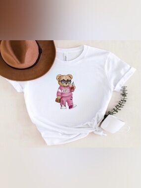 Cute Pink Teddy Bear Shirt Trendy Aesthetic Graphic Tee Soft Girl Top